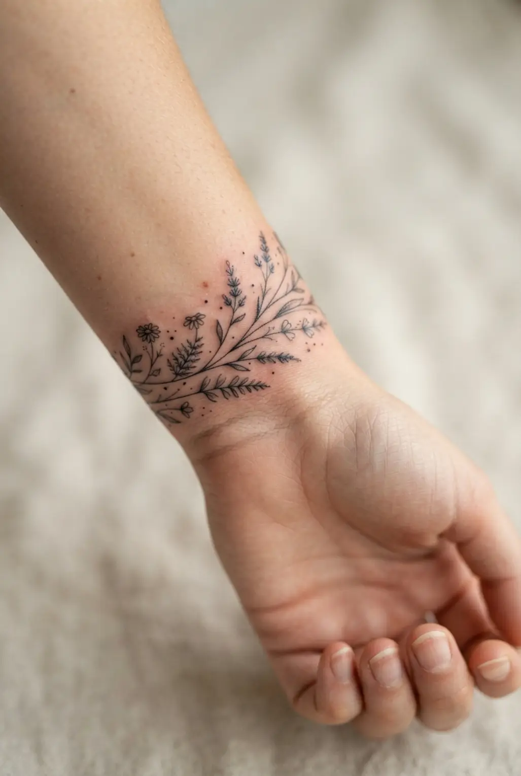 Black and white tattoo ideas featuring a fine-line wildflower wrist wrap with slender stems and small petals.