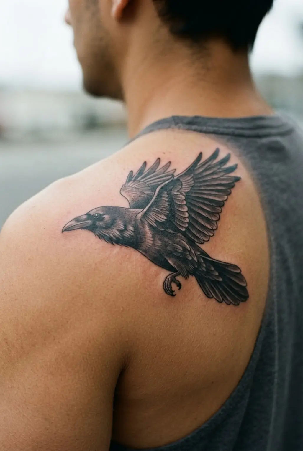 Detailed raven tattoo across the shoulder blade with layered feathers, a curved beak, and dark black shading.