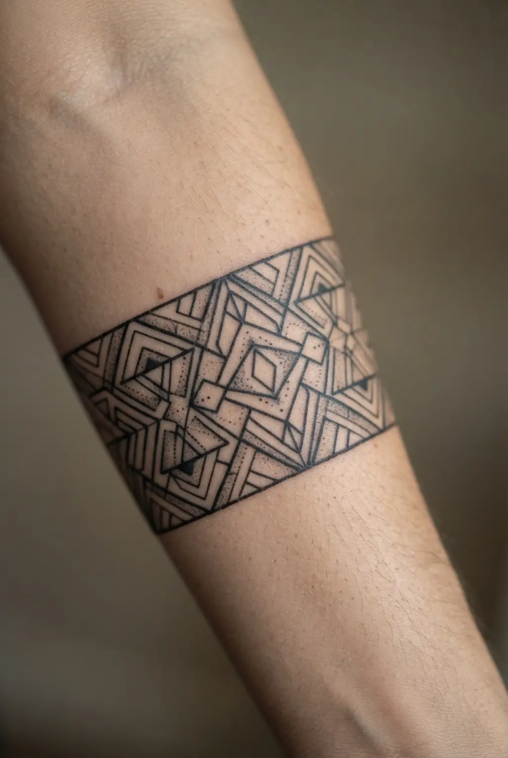 Black and white tattoo ideas showing a sacred geometry band around the forearm with repeating angular shapes.