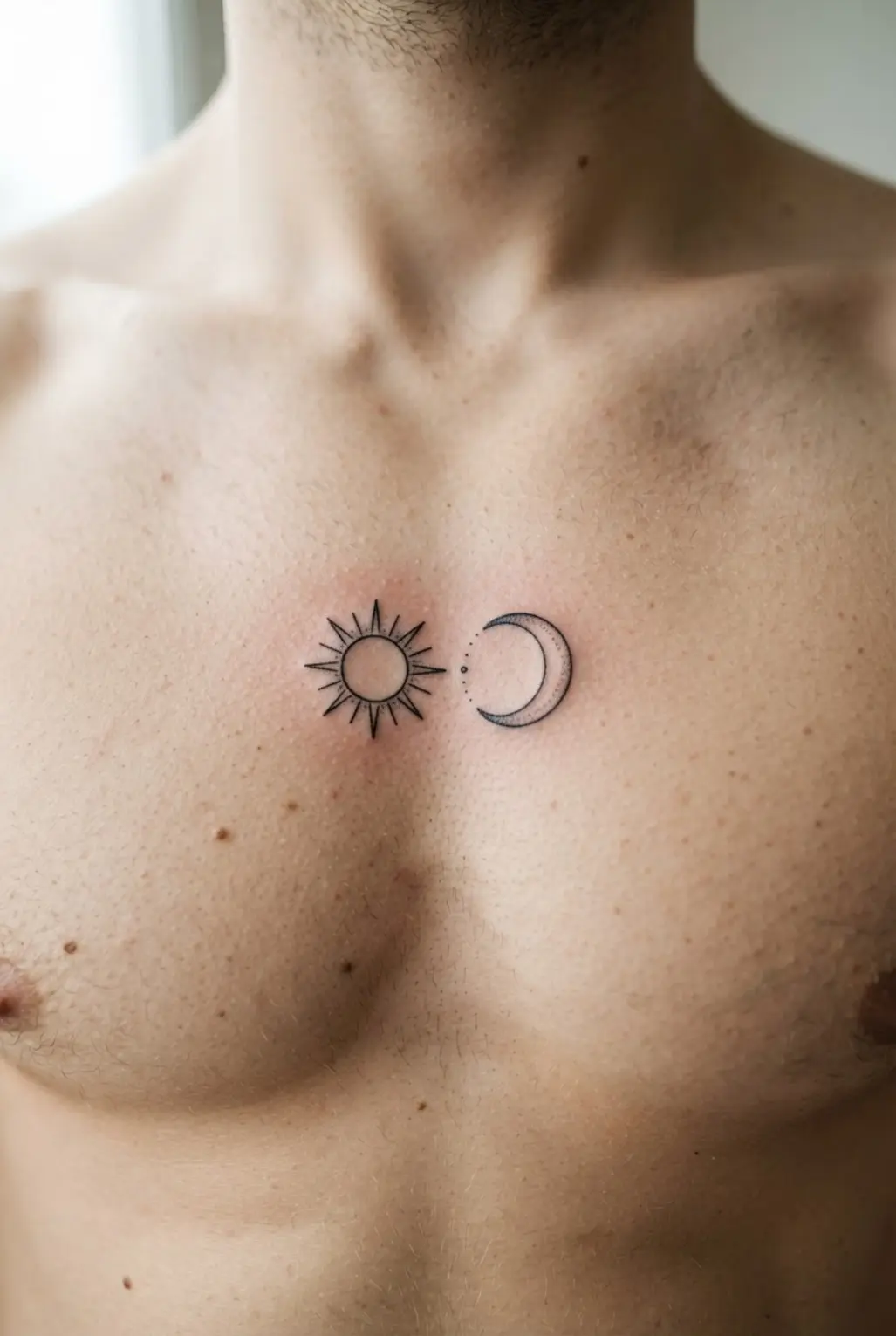 Black and white tattoo ideas featuring minimalist sun and moon symbols centered below the sternum with clean lines.