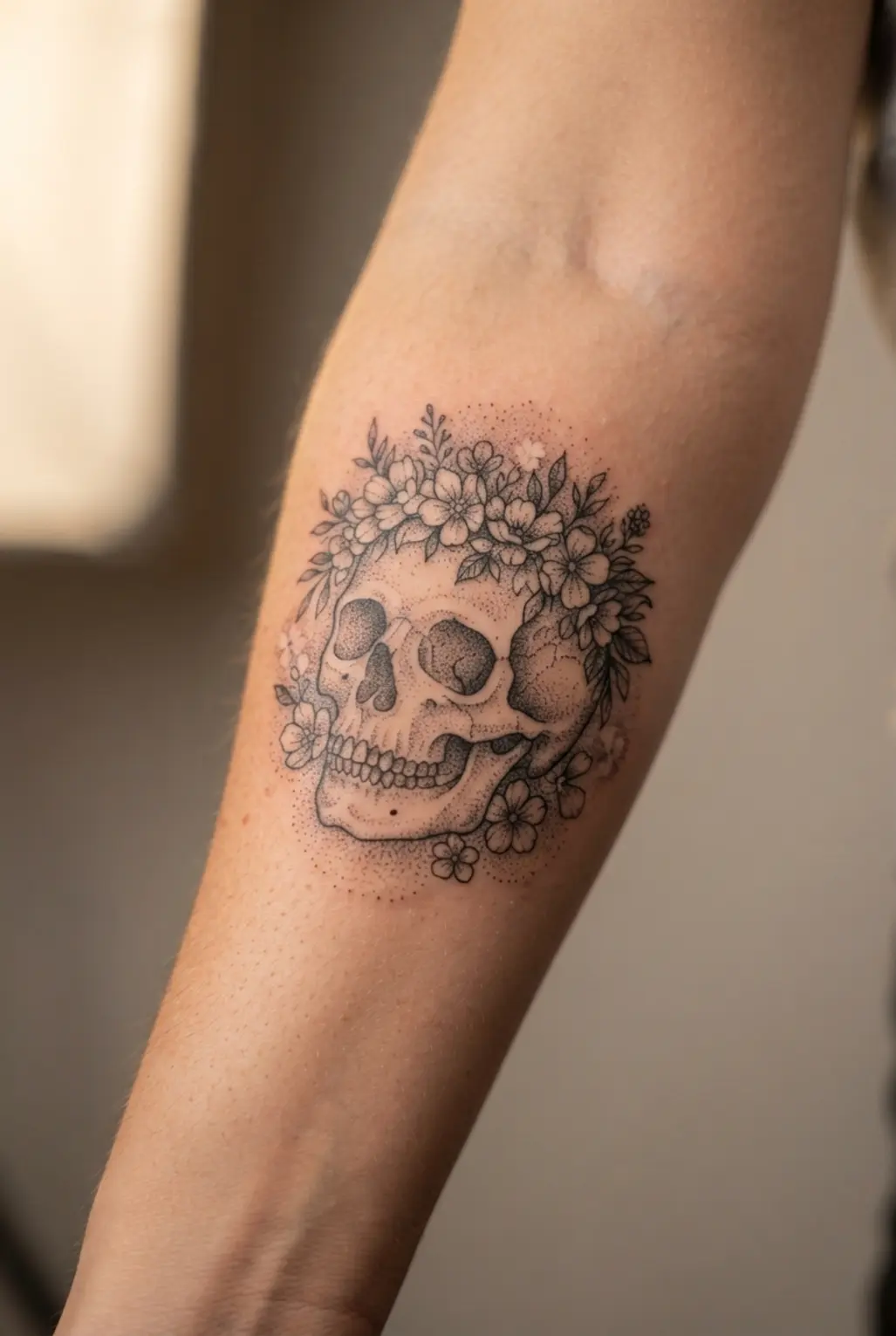 Stippled skull tattoo with a floral crown, small blossoms, and soft black dot shading around the face.