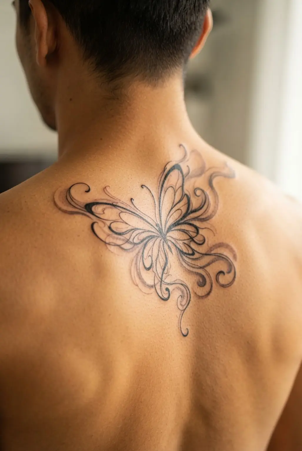 Abstract smoke butterfly tattoo on the back with open wings, flowing curls, and soft black line movement.