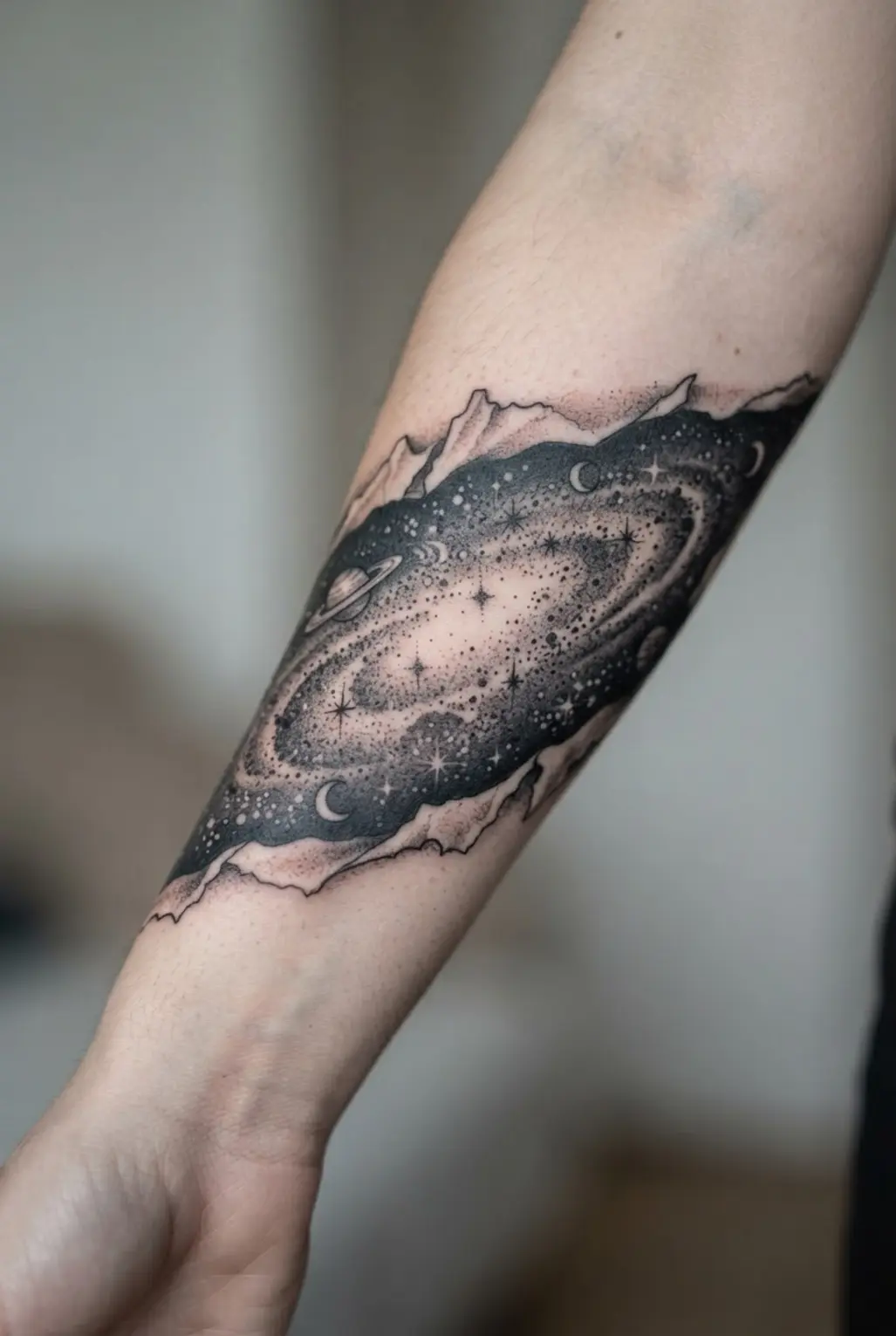 Black and white tattoo ideas showing a torn paper galaxy on the forearm with stars, planets, and ragged edges.