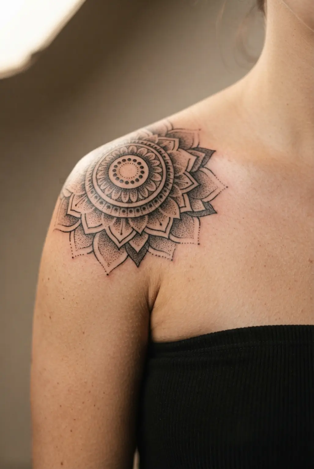 Circular dotwork mandala tattoo positioned over the shoulder with balanced rings and soft shaded points.