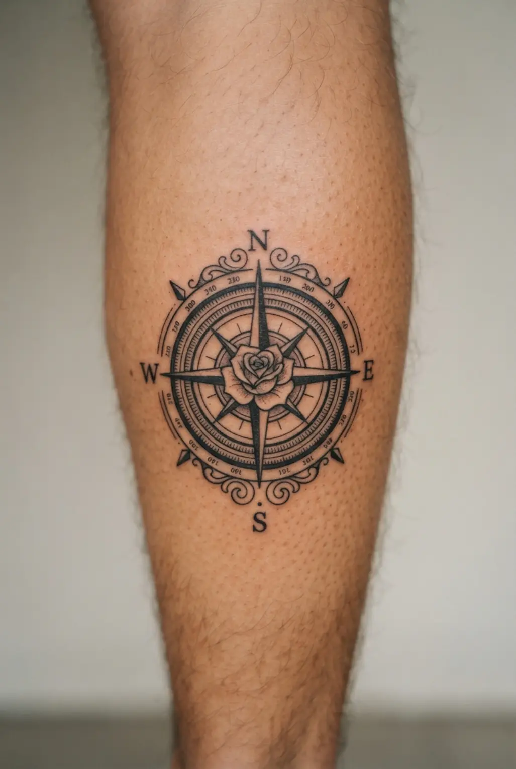 Black and white tattoo ideas featuring a compass with coordinates on the calf, marked by clean points and thin lines.