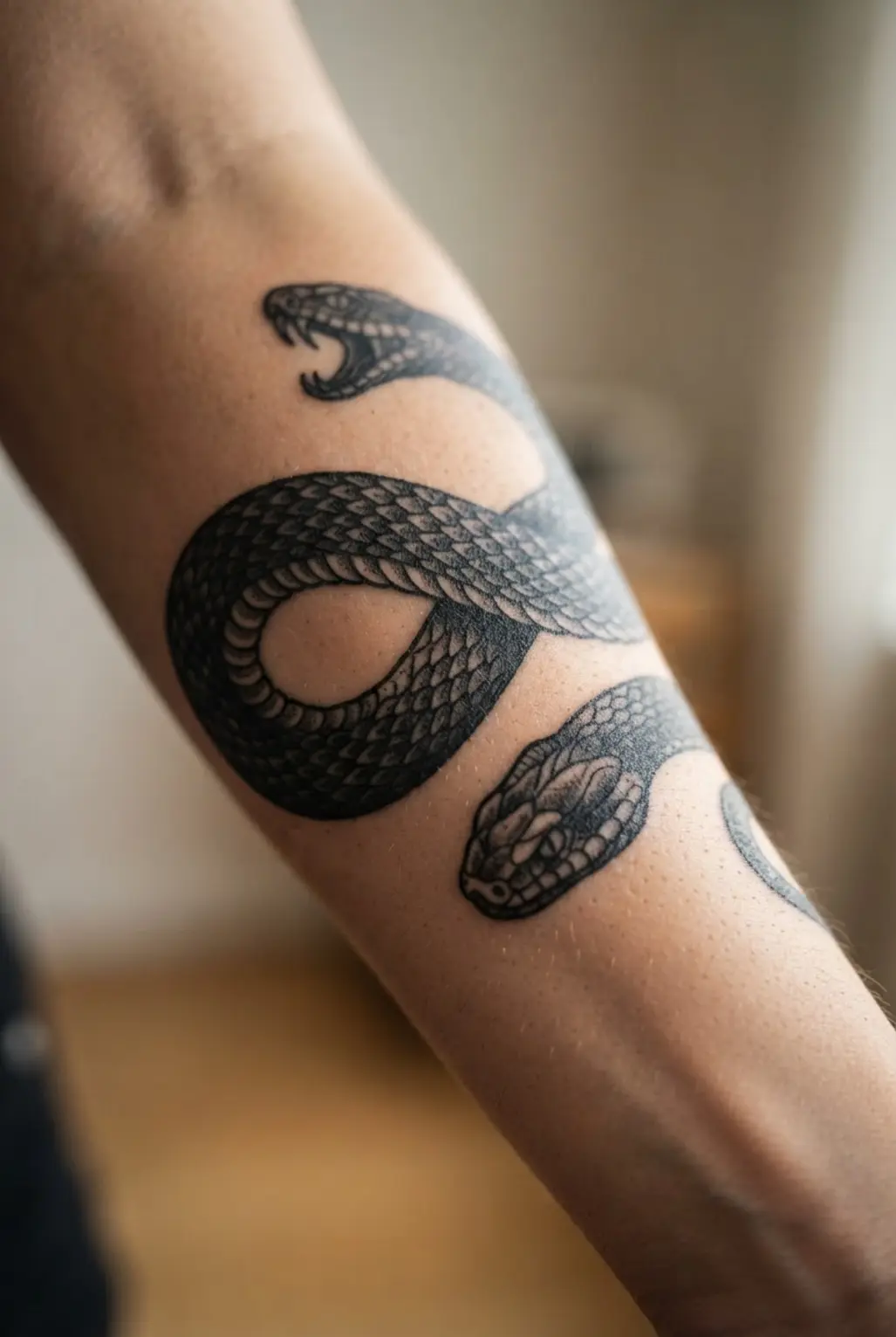 Blackwork snake tattoo coiled around the forearm with overlapping scales, a pointed head, and bold black contrast.