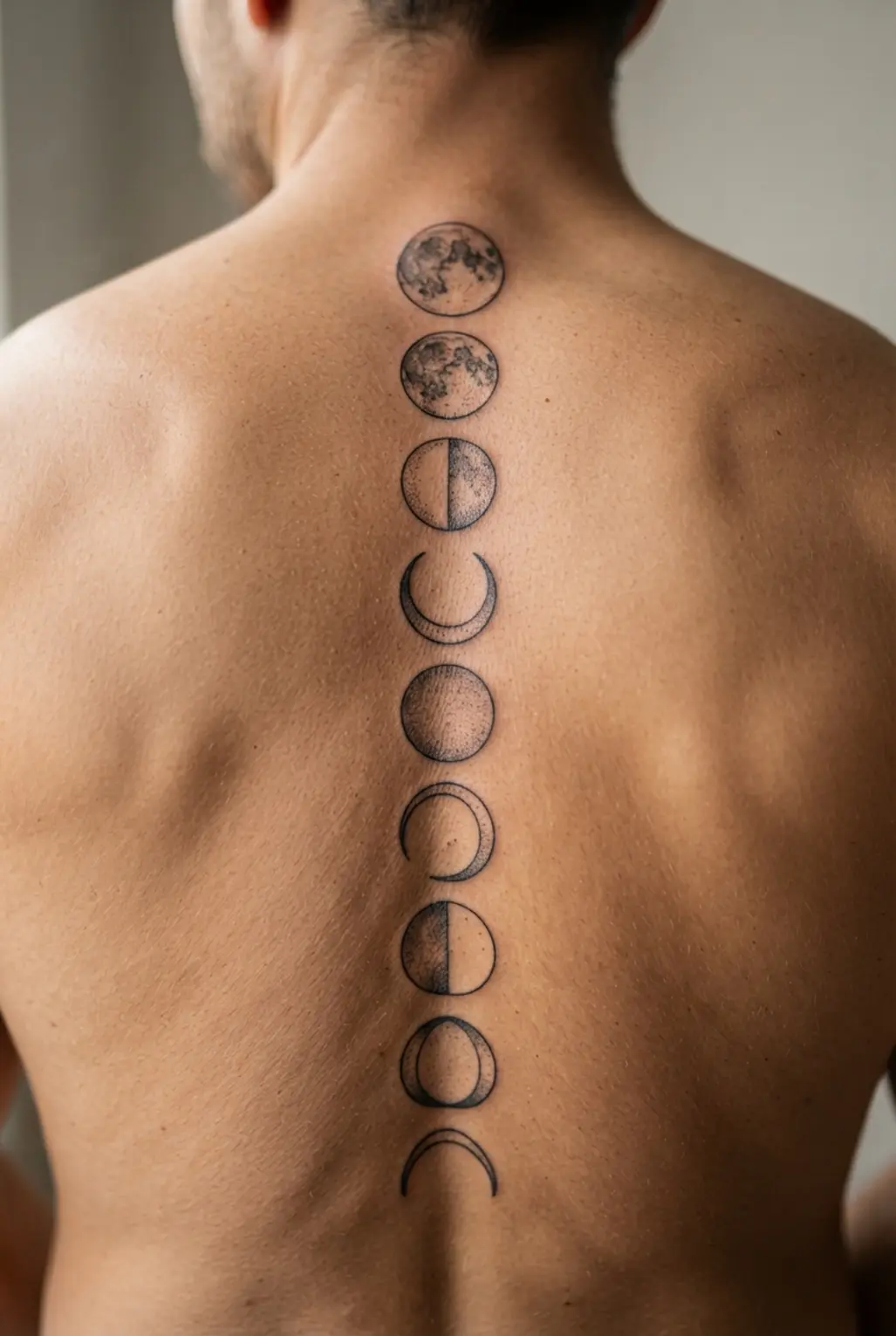 Black and white tattoo ideas showing moon phases aligned down the spine with evenly spaced circles and fine lines.