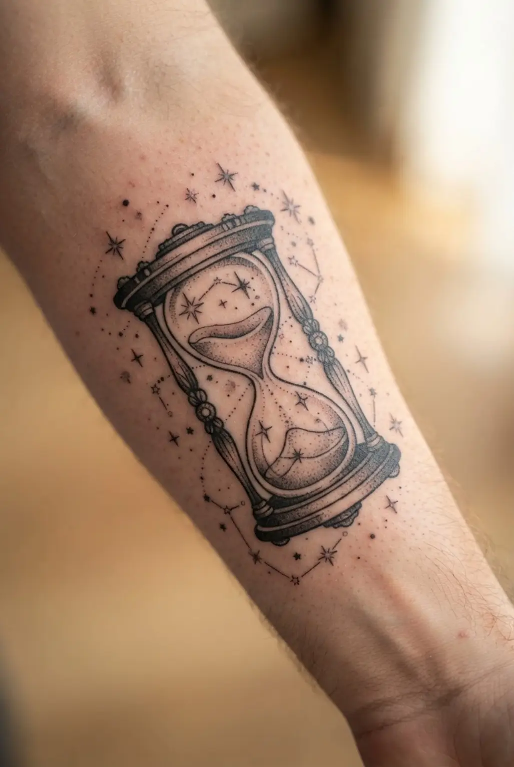 Black and white tattoo ideas featuring a vintage hourglass on the forearm with stars, glass curves, and dark framing.