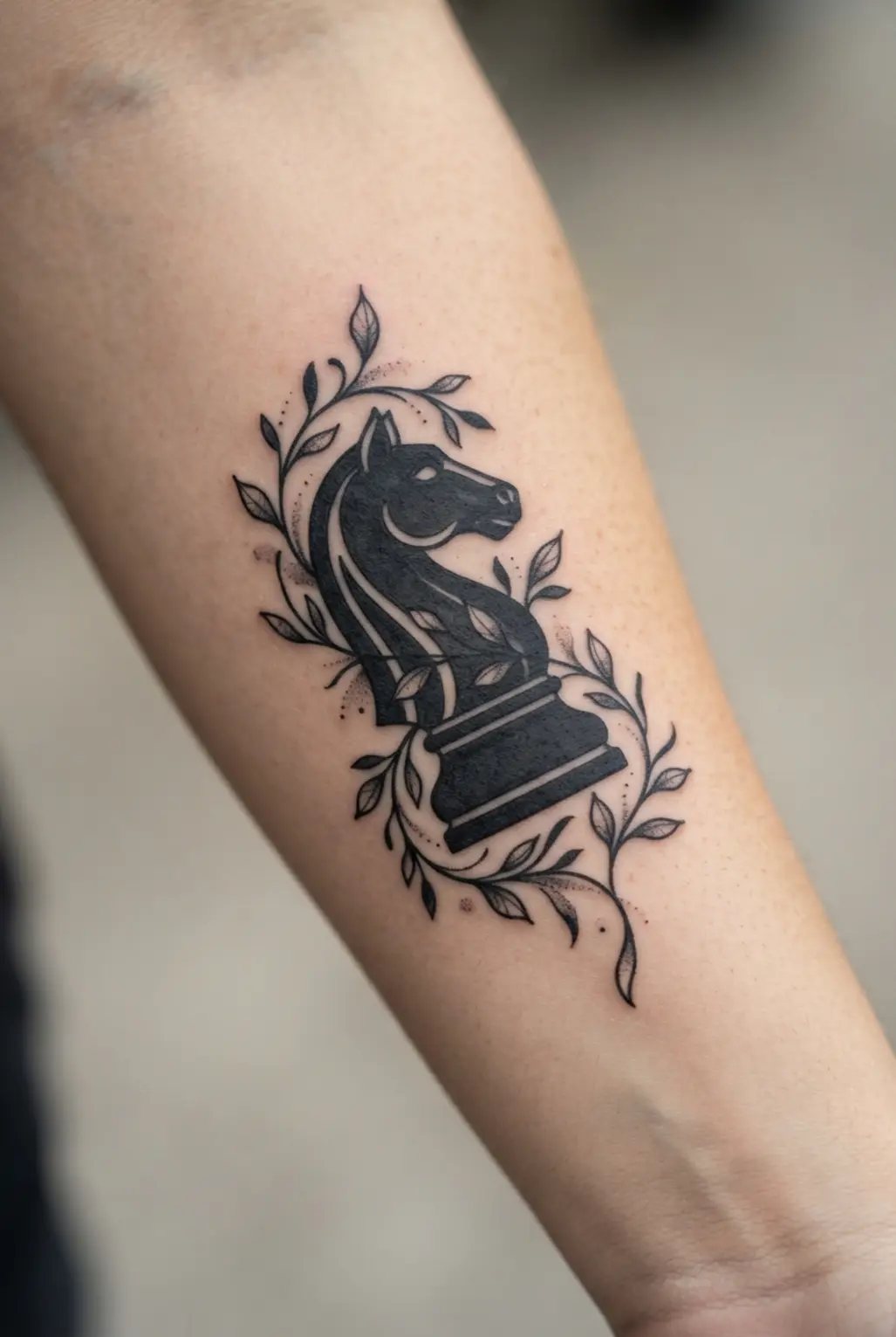 Blackwork chess piece tattoo wrapped with vines, showing strong black shapes and small leaf details.