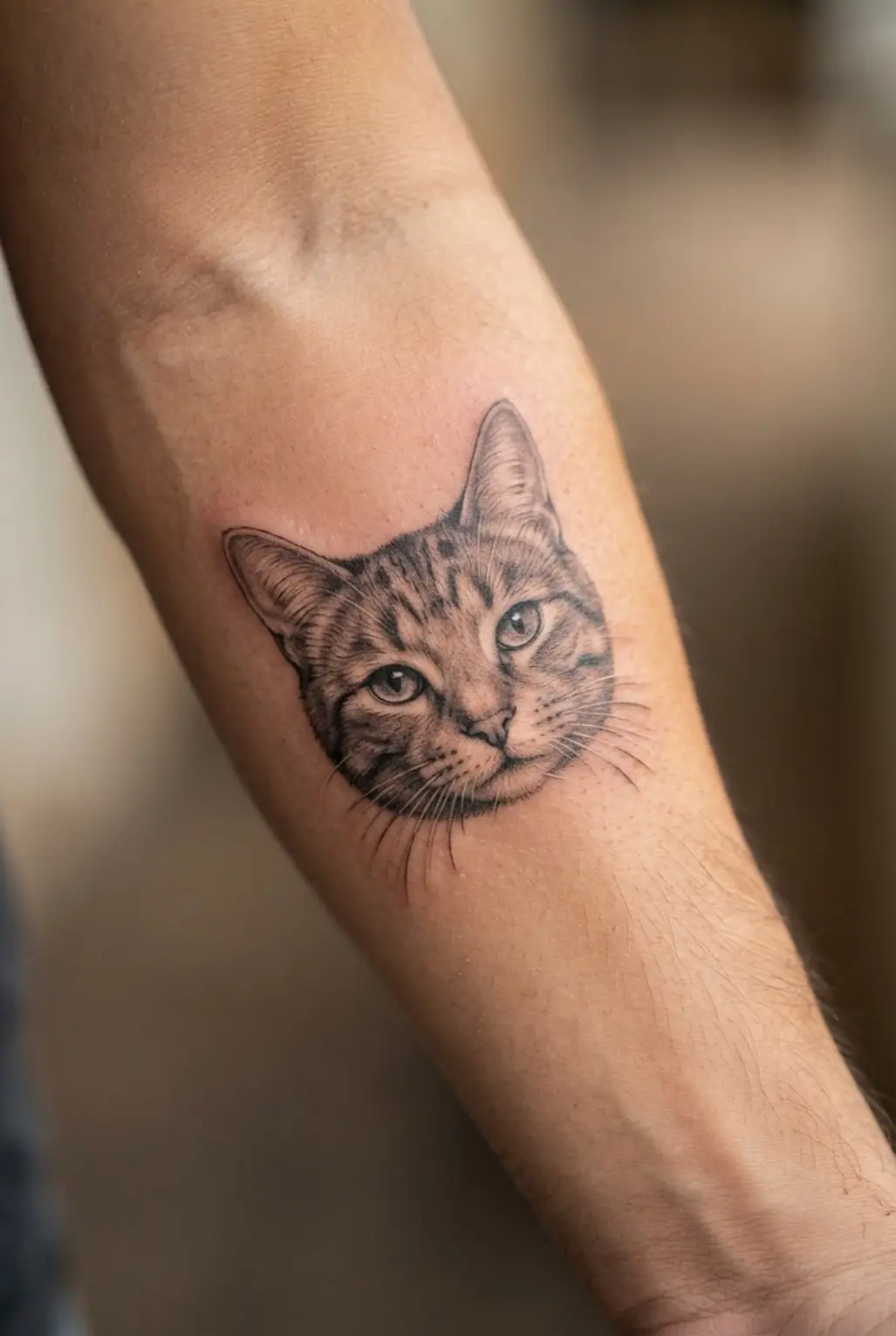 Black and white tattoo ideas showing a micro realistic pet portrait on the forearm with fine facial shading.