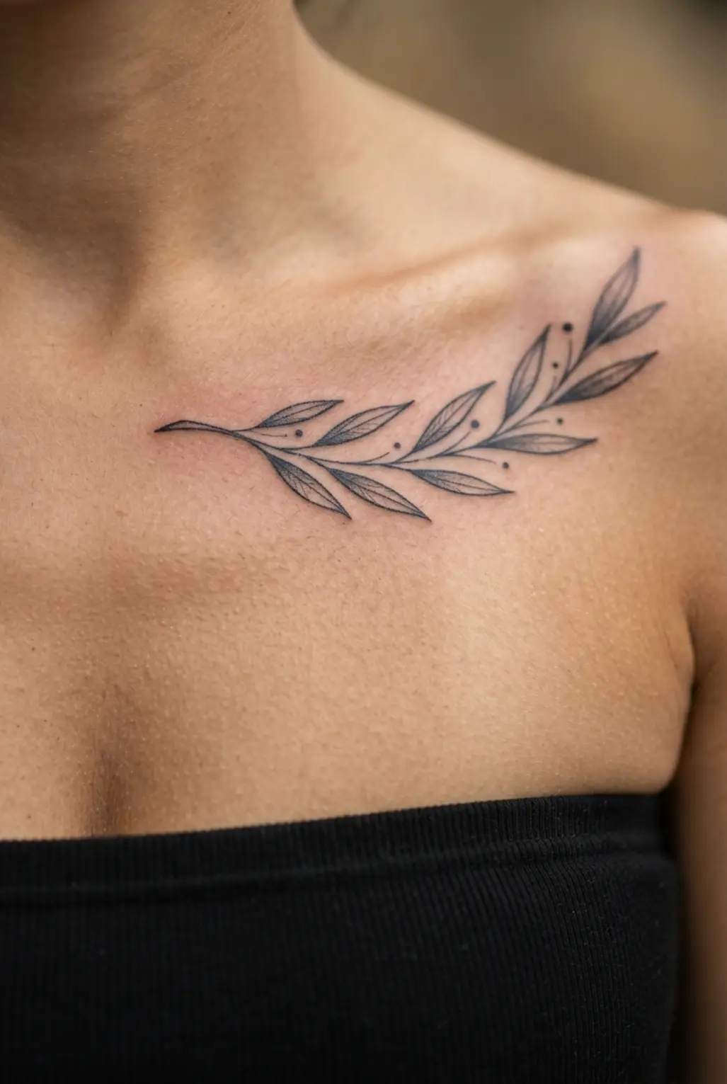 Fine-line olive branch tattoo along the clavicle with slender leaves, a curved stem, and natural open spacing.