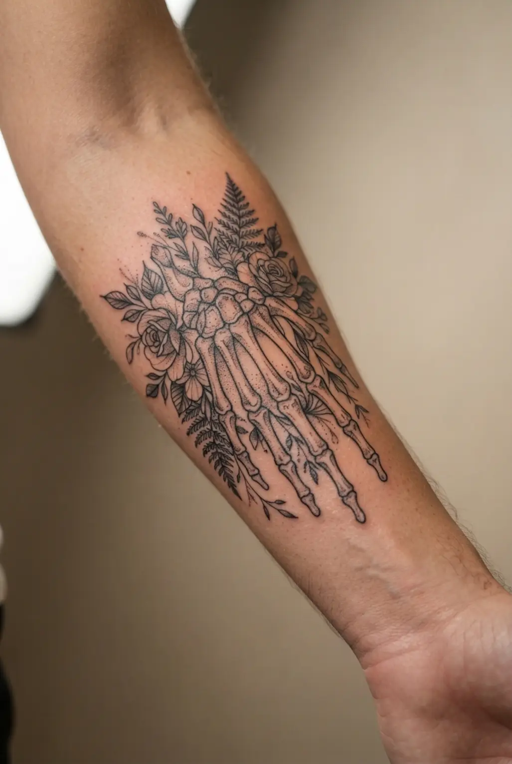 Ornate skeleton hand tattoo surrounded by flowers, with dark accents, clear finger bones, and fine black outlines.