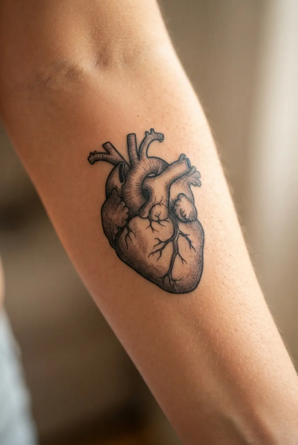 Anatomical heart tattoo on the forearm, drawn in black ink with clear outlines and gentle interior shading.