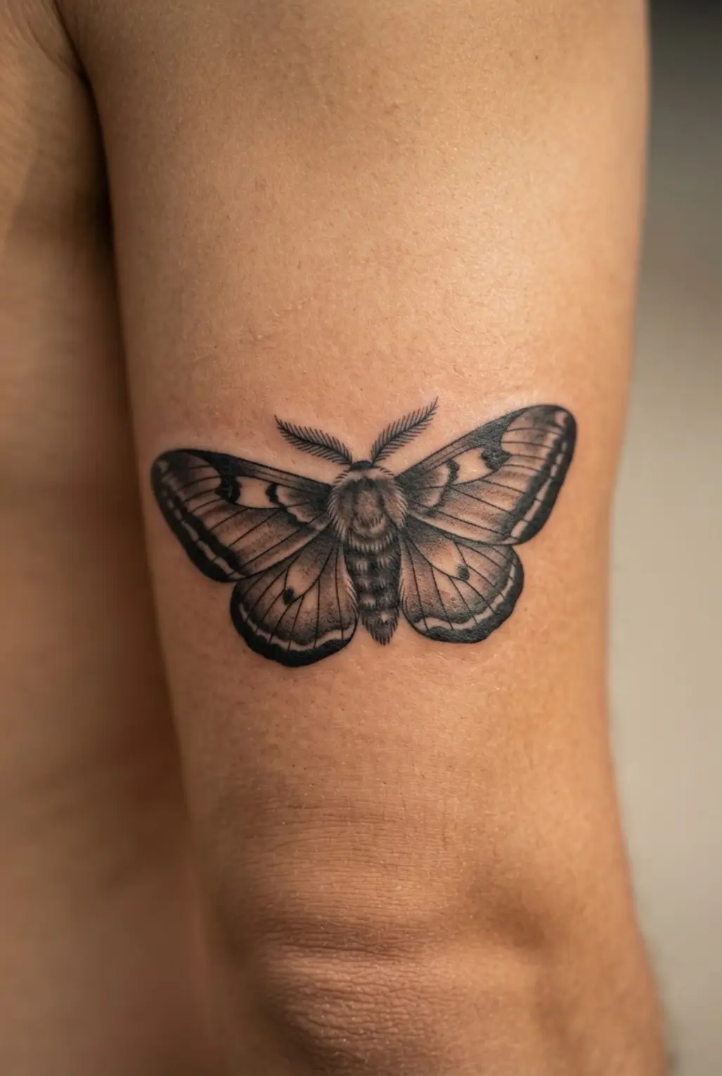 Realistic moth tattoo on the upper arm with spread wings, dark edges, and layered black and gray shading.