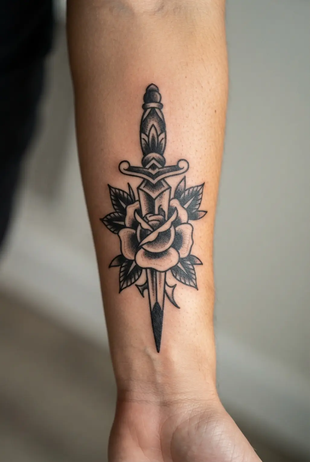 Black and white tattoo ideas showing a traditional dagger through a rose with bold outlines and solid black accents.