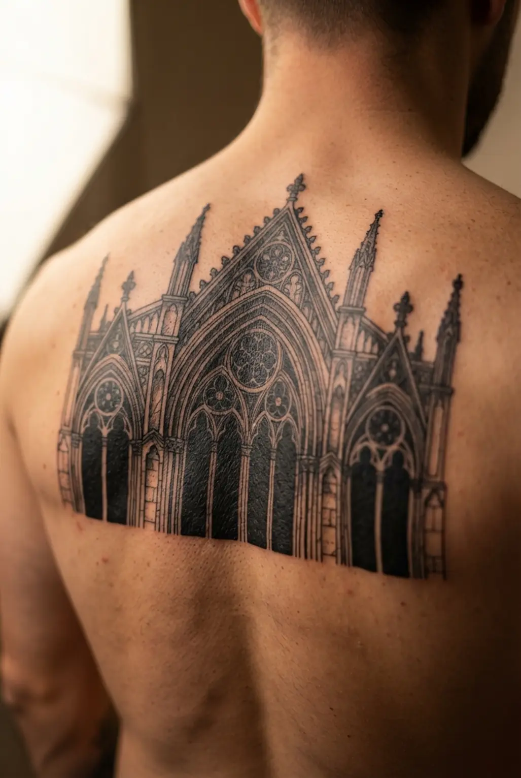 Blackwork gothic cathedral window tattoo on the back with pointed arches, dark framing, and strong contrast.