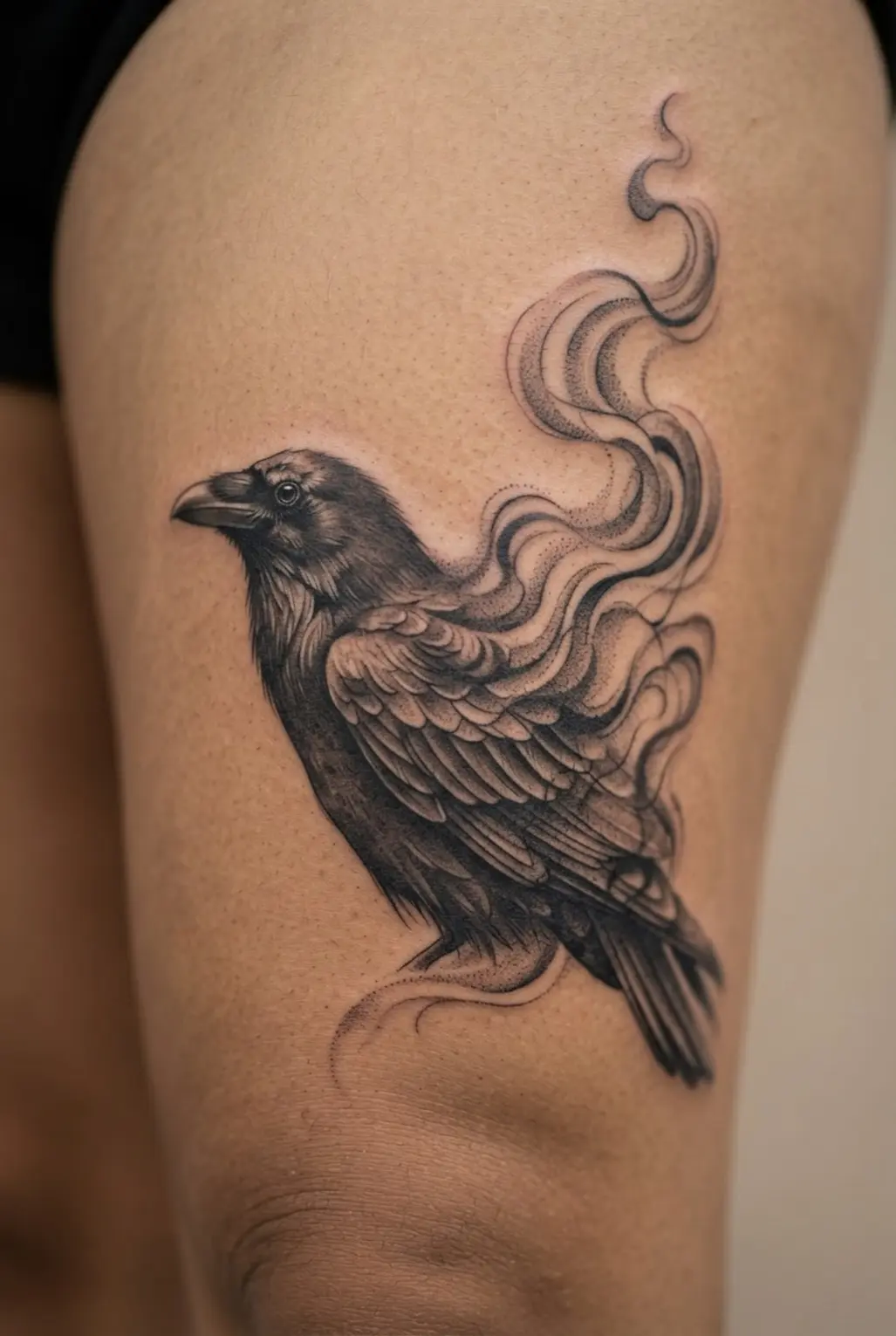 A raven body fades into curling black smoke across the outer thigh with soft dotwork transitions.