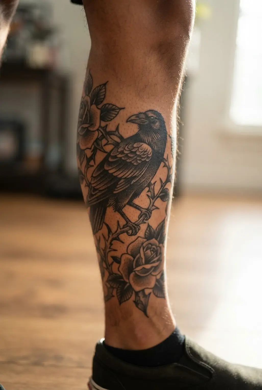 Black Raven Tattoo Designs featuring a raven, closed rose, and winding thorns arranged from knee to ankle.