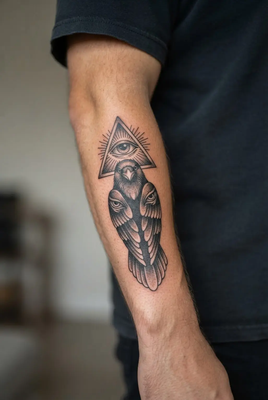 A raven faces forward beneath an all-seeing eye enclosed in a triangular frame using black illustrative linework.