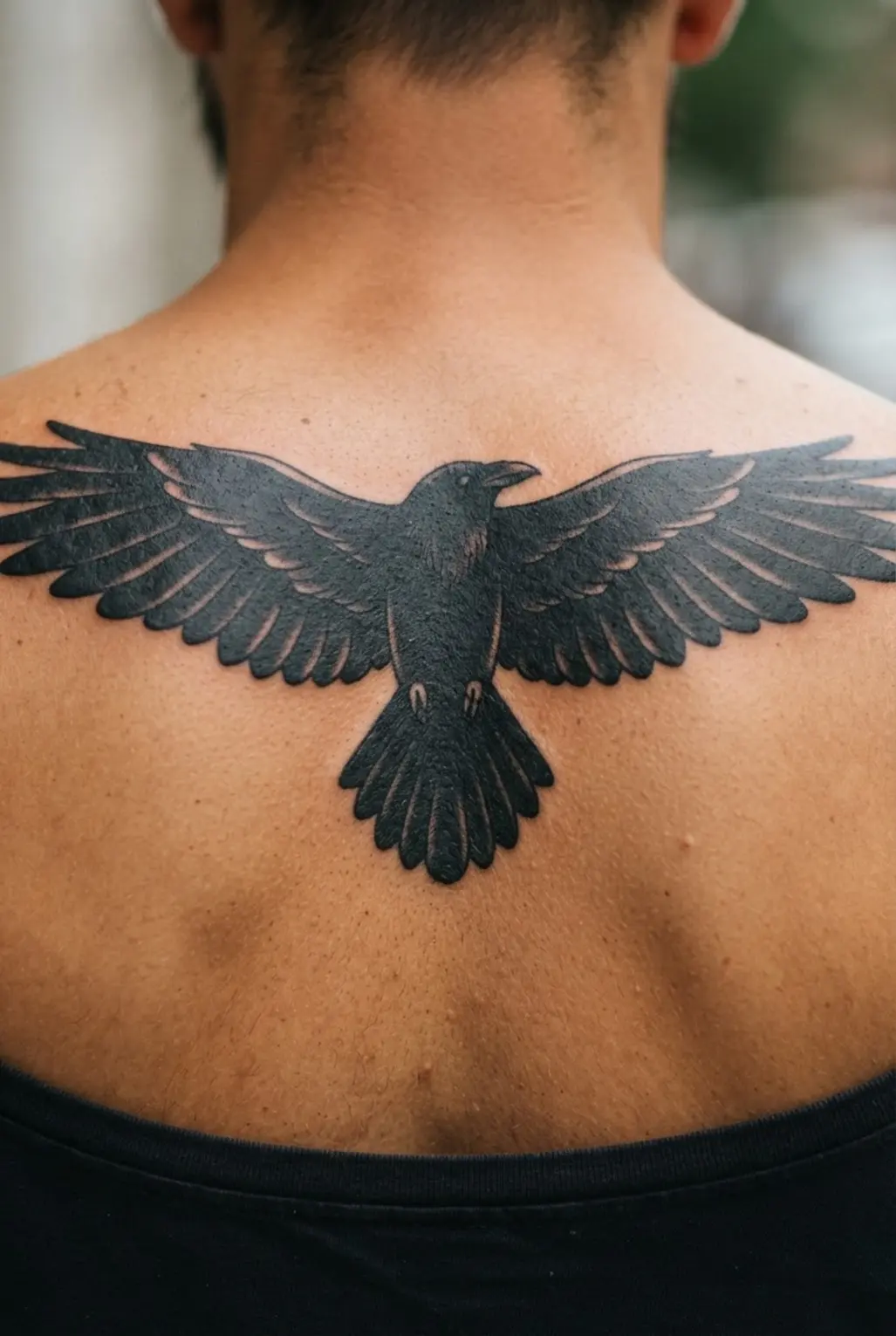 Black Raven Tattoo Designs showing a flying raven with broad wings spread across the upper back in solid blackwork.