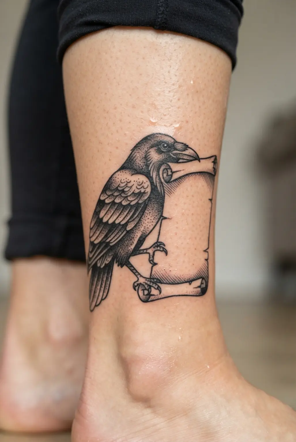 A side-facing raven holds an open blank scroll against the calf with bold outlines and stippled feather shading.