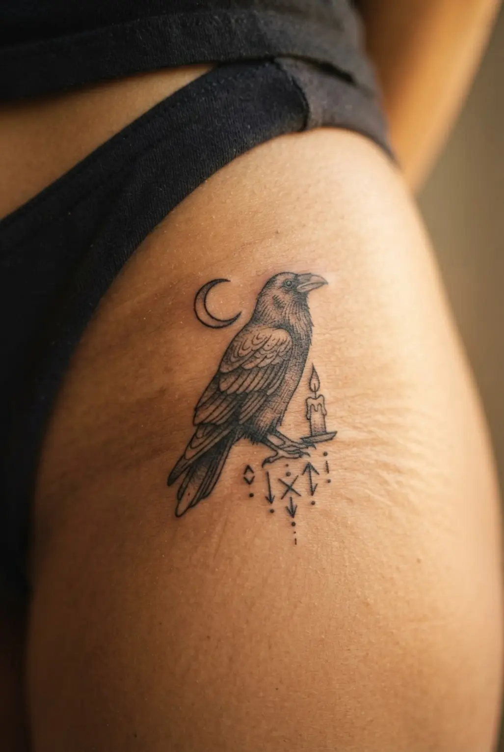 A raven sits beside a small crescent, candle, and pointed ritual marks on the hip in black linework.