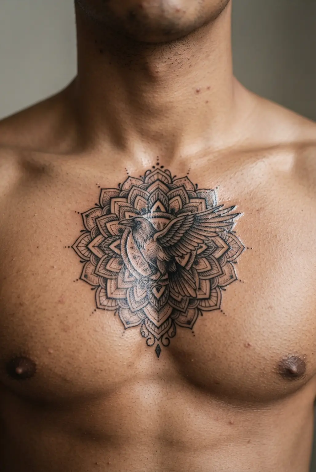 Black Raven Tattoo Designs showing a centered raven framed by symmetrical mandala rings across the sternum and chest.