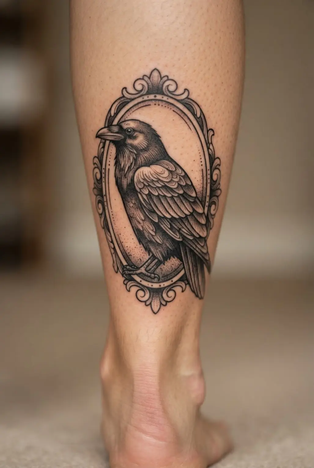 A vintage raven portrait with etched feather detail and an oval border covers the back of the calf in monochrome ink.