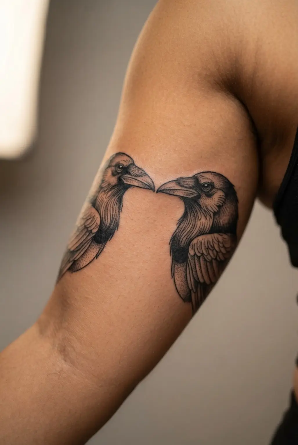 Two raven profiles face one another on the upper arm with mirrored beaks, feather lines, and solid black accents.