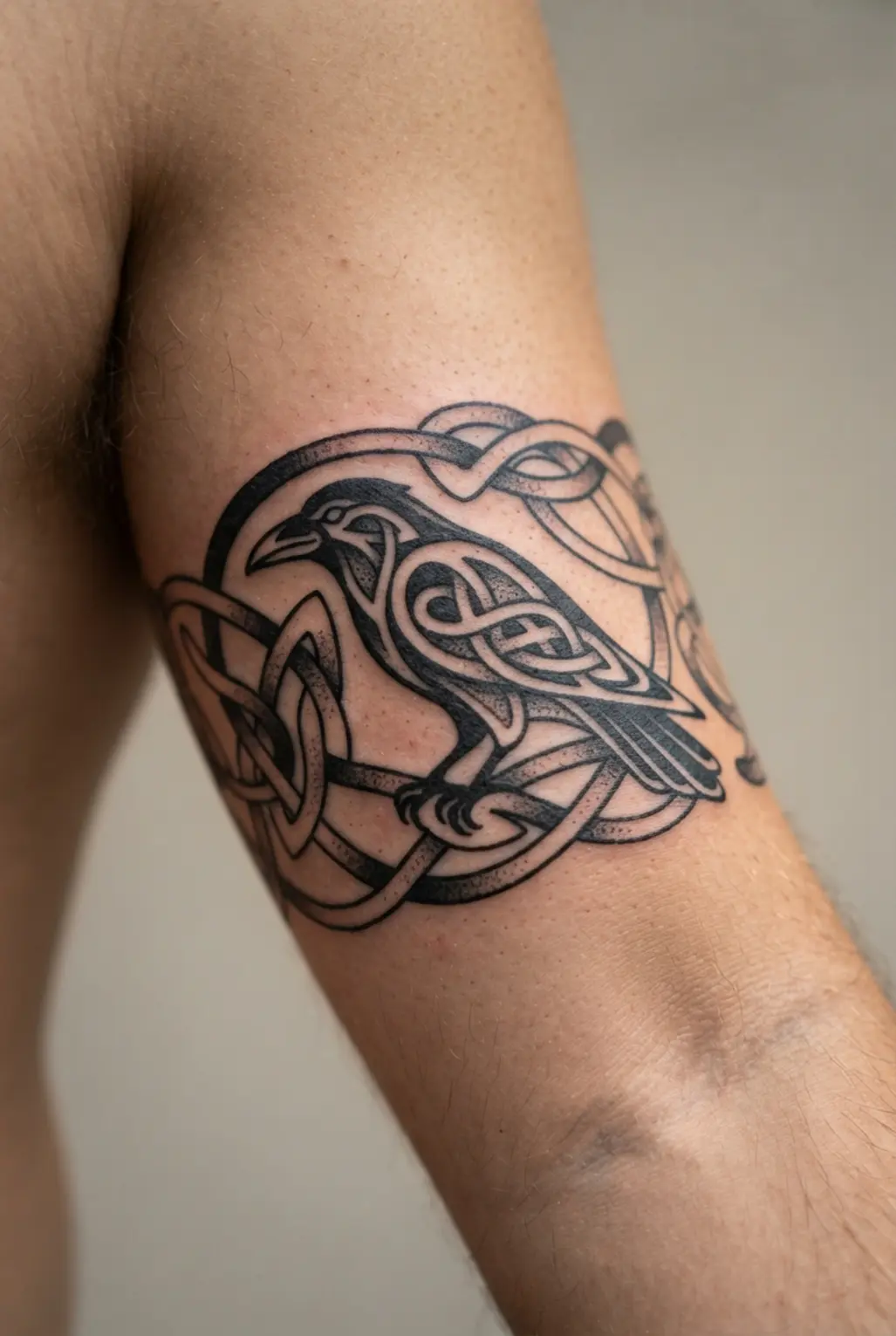 A raven is framed by looping Celtic knotwork around the bicep in bold black lines and compact shading.