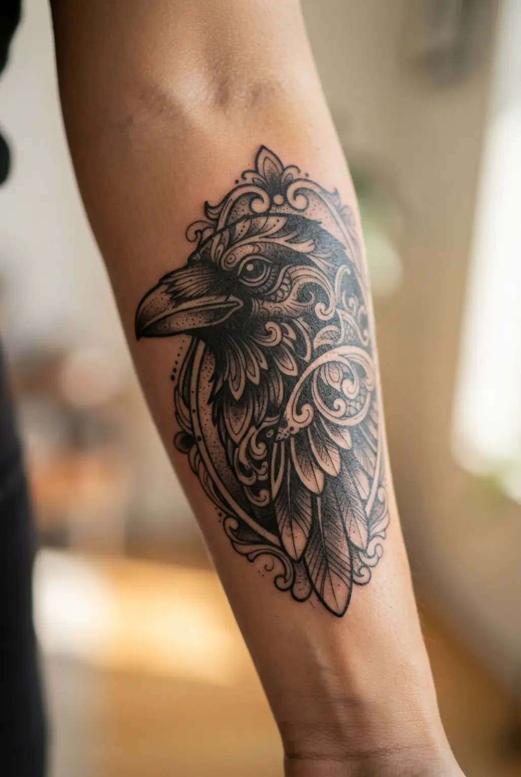 Black Raven Tattoo Designs showing a raven head with thick outlines, pointed feathers, and ornamental black framing.