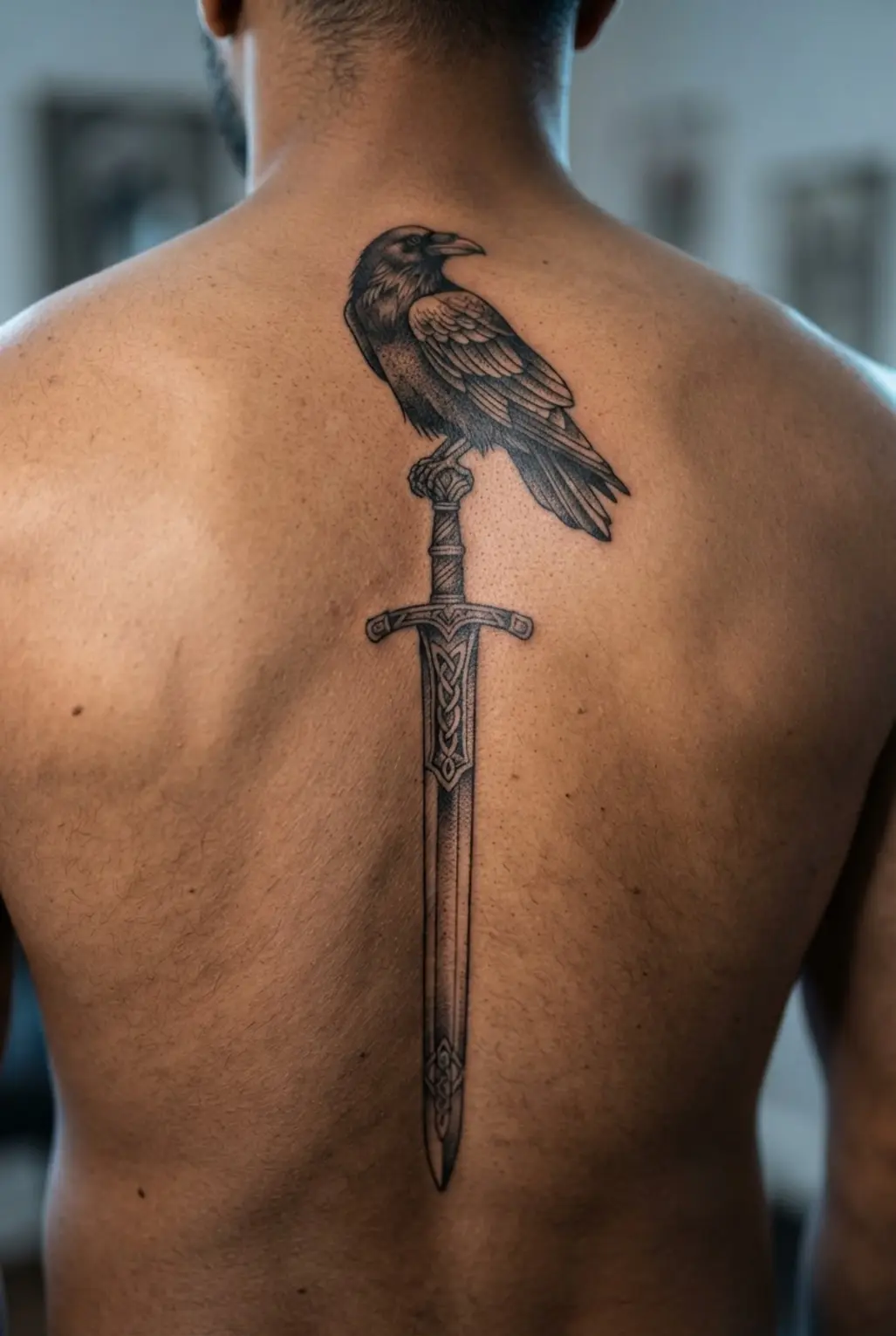 A raven grips the hilt of a long sword placed vertically along the spine with dark illustrative shading.