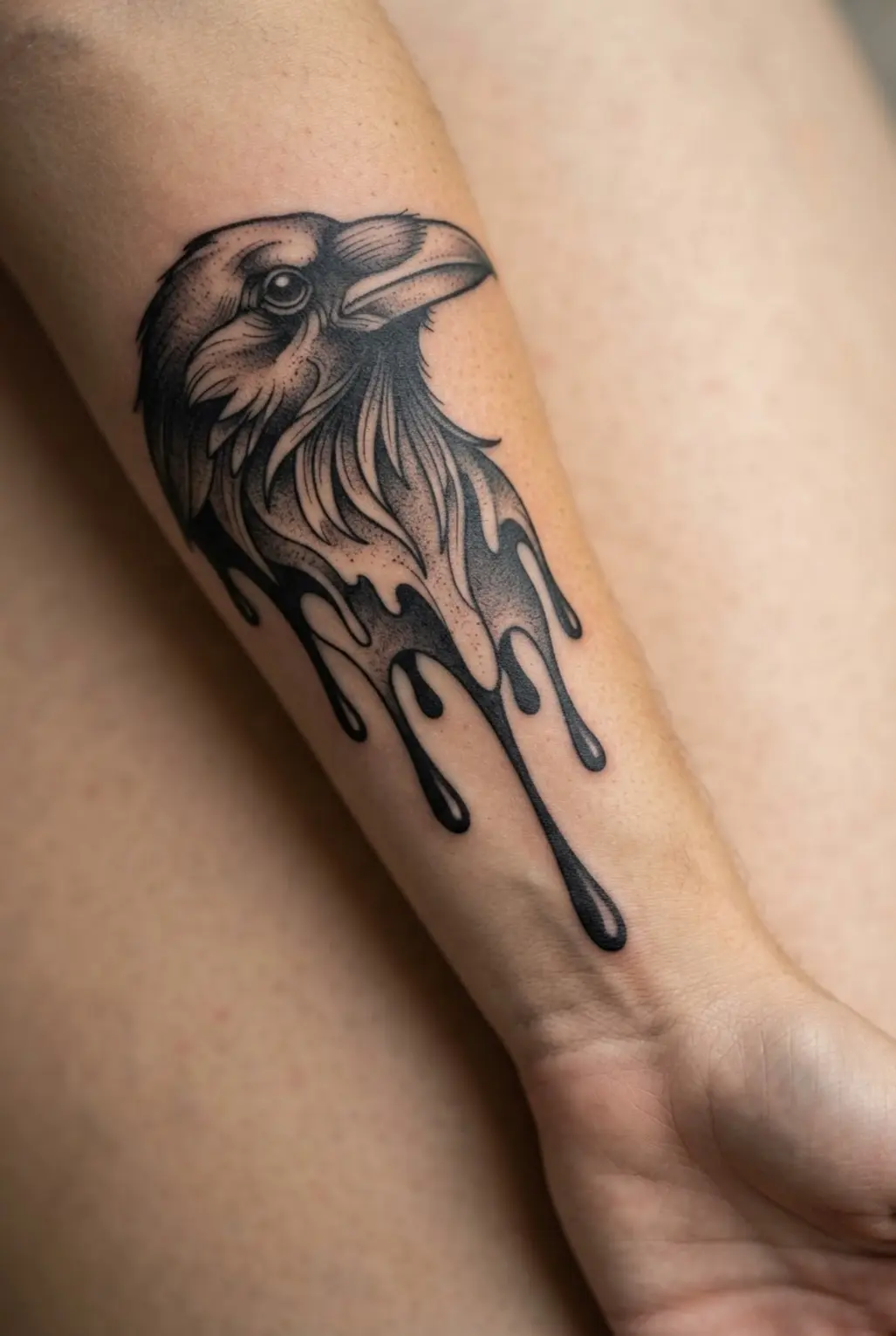 Black Raven Tattoo Designs featuring a raven head melting into smooth black drips along the inner forearm.