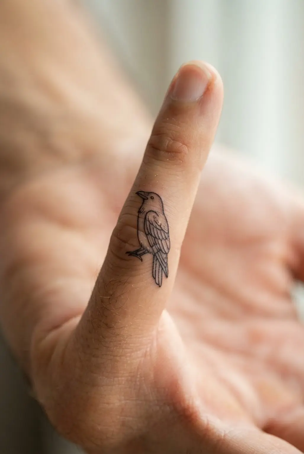 A tiny raven outline rests along the side of one finger with a clean beak, wing, and tail shape.