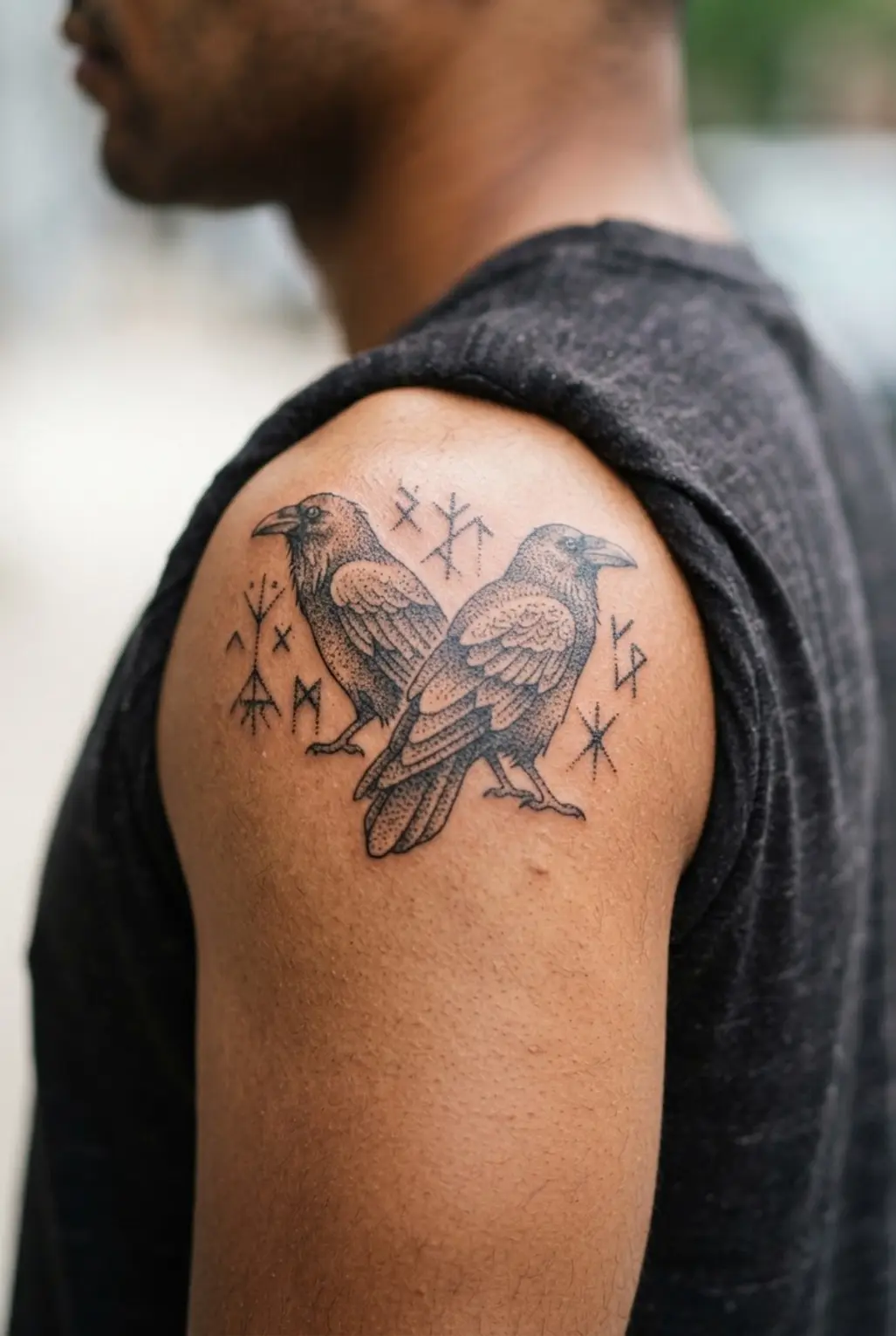 Black Raven Tattoo Designs showing two Norse ravens beside small rune marks across the shoulder cap in dotwork.