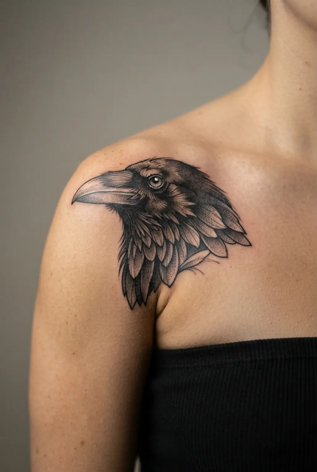 A realistic raven portrait with layered feather shading and a focused eye covers the rounded shoulder in black ink.