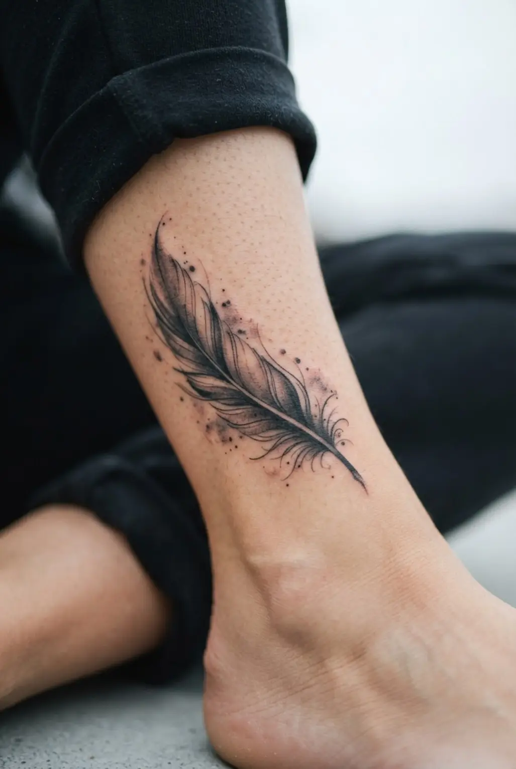 Black Raven Tattoo Designs featuring a loose monochrome watercolor-style raven feather placed above the ankle.