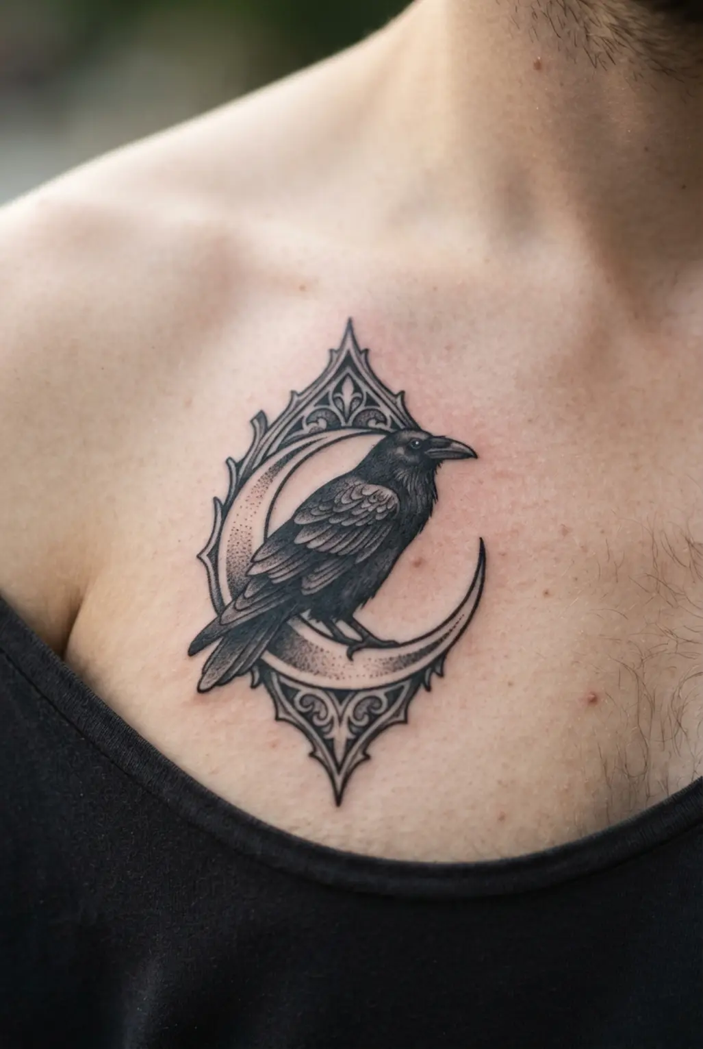 A black raven sits beneath a crescent moon with pointed gothic framing across the upper chest in high-contrast ink.