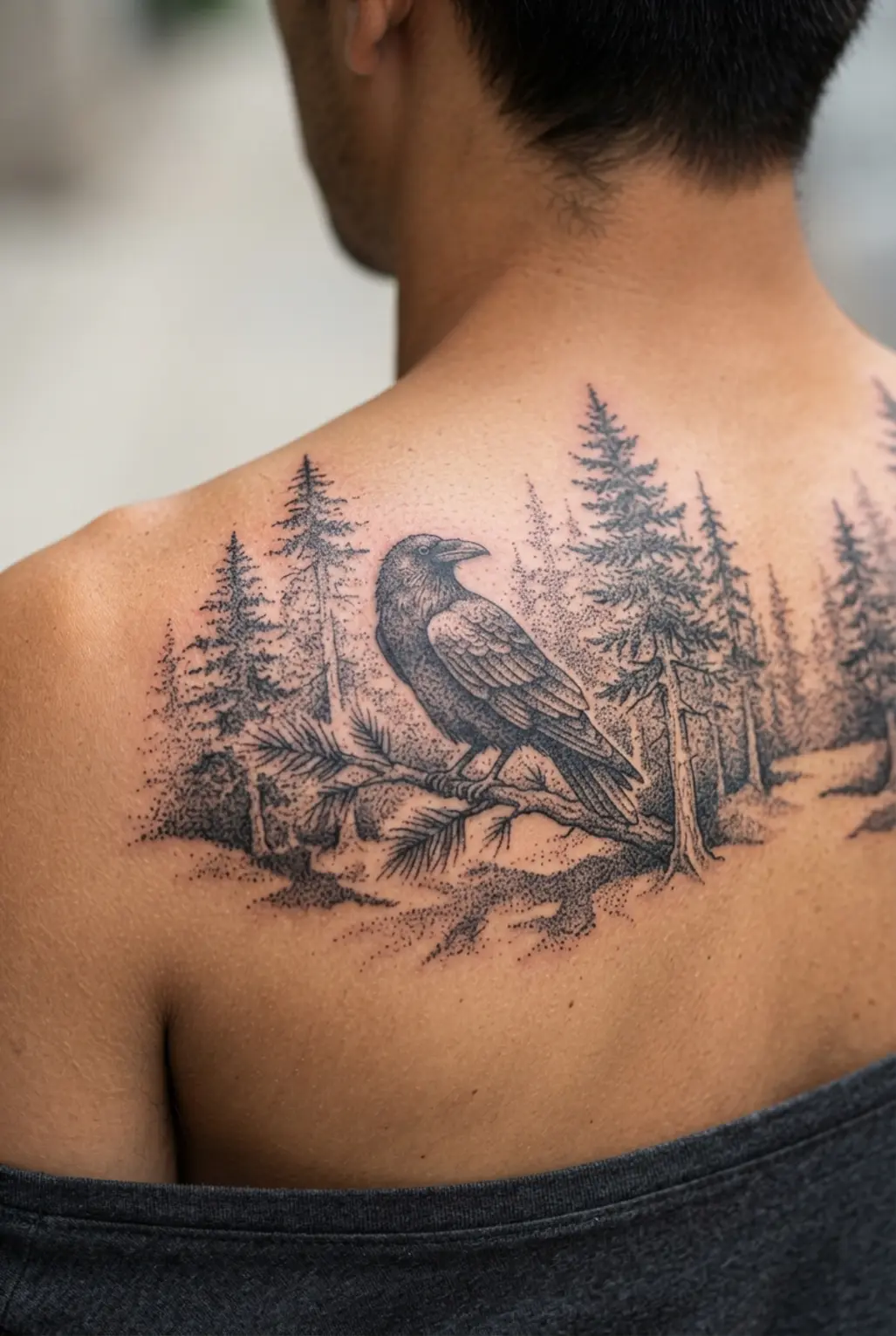 A raven stands among tall pine trees and stippled shadows across the upper back in detailed monochrome dotwork.