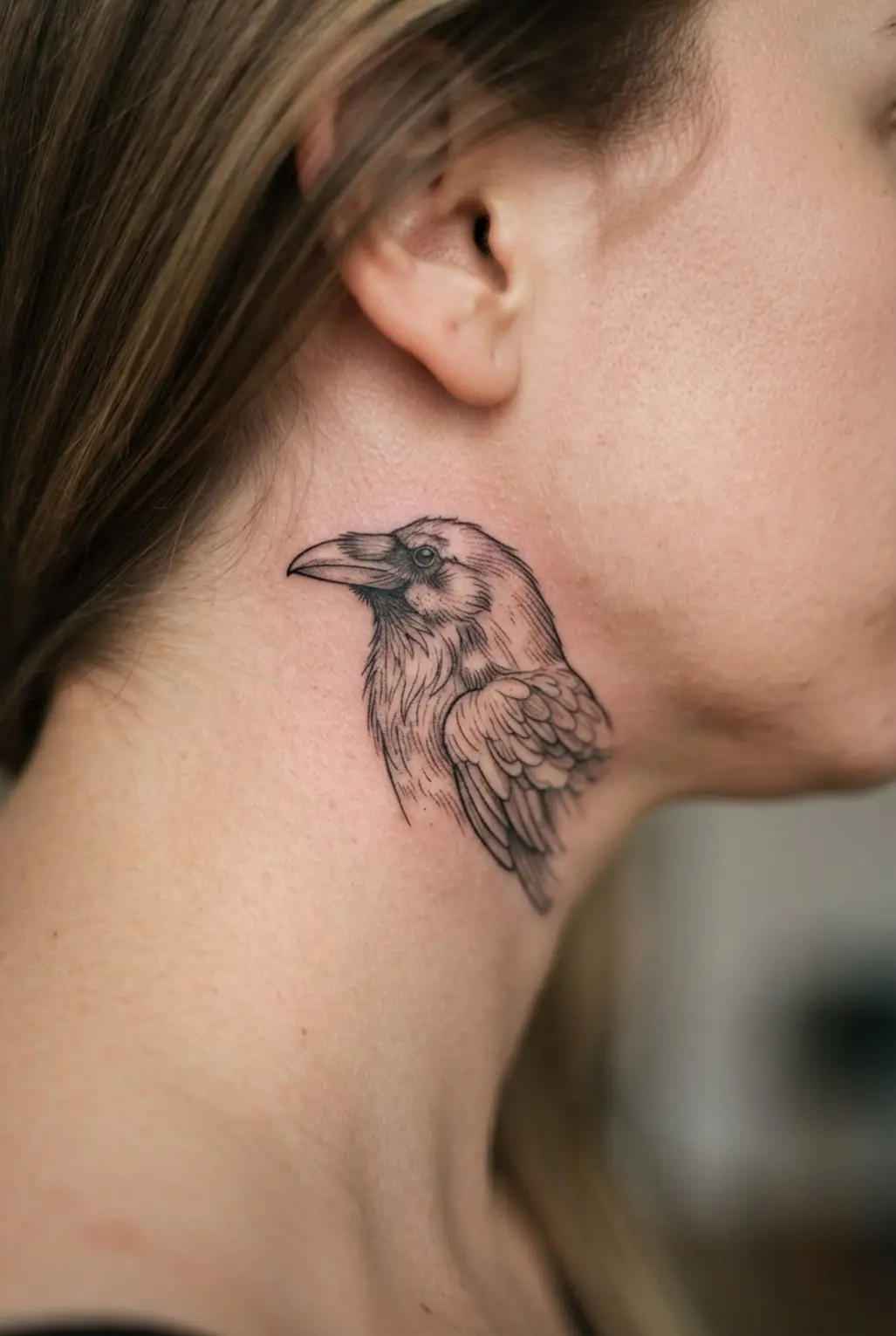 A fine-line raven profile with delicate feather marks appears beneath the hairline on the side of the neck.