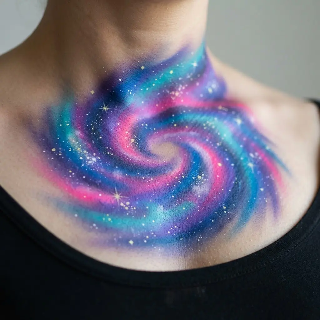 Neon galaxy spiral across a painted chest, shown with airbrushed blue, purple, and pink body painting art.