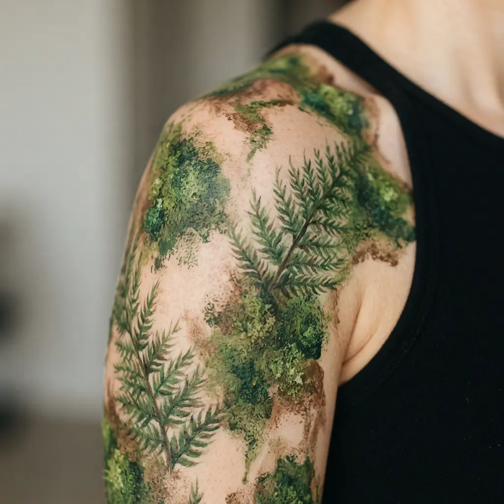 Green moss patches and fern leaves connect across the torso and limbs in body painting art.