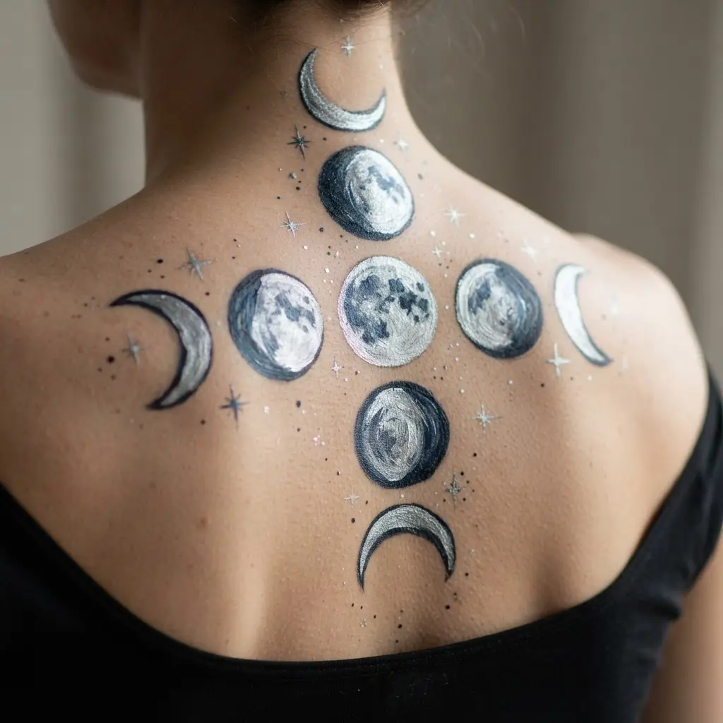 Silver moon phases and small stars form a vertical decoration along the center of a painted back.