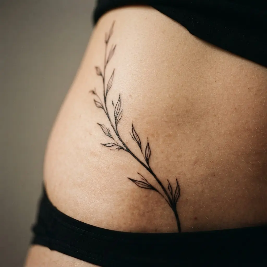 A simple black botanical stem with leaves curves across one hip in a minimalist cosmetic paint style.