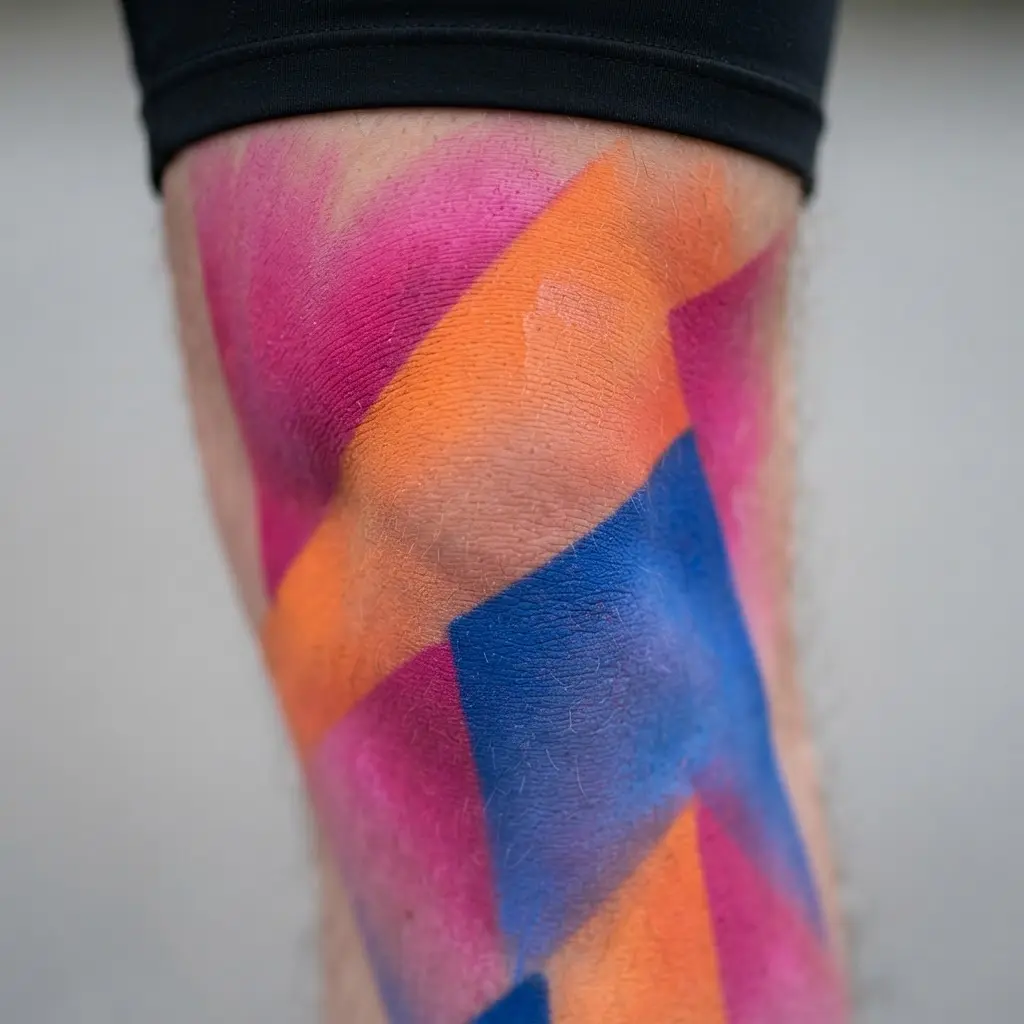 Sharp blocks of pink, orange, blue, and green cover one leg in a prismatic body painting art style.