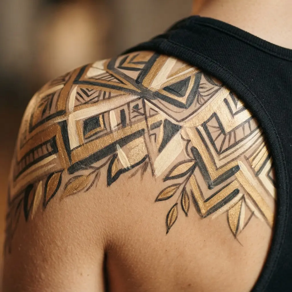 Gold geometric shapes and leaf accents cover both shoulders in a clean cosmetic paint design.