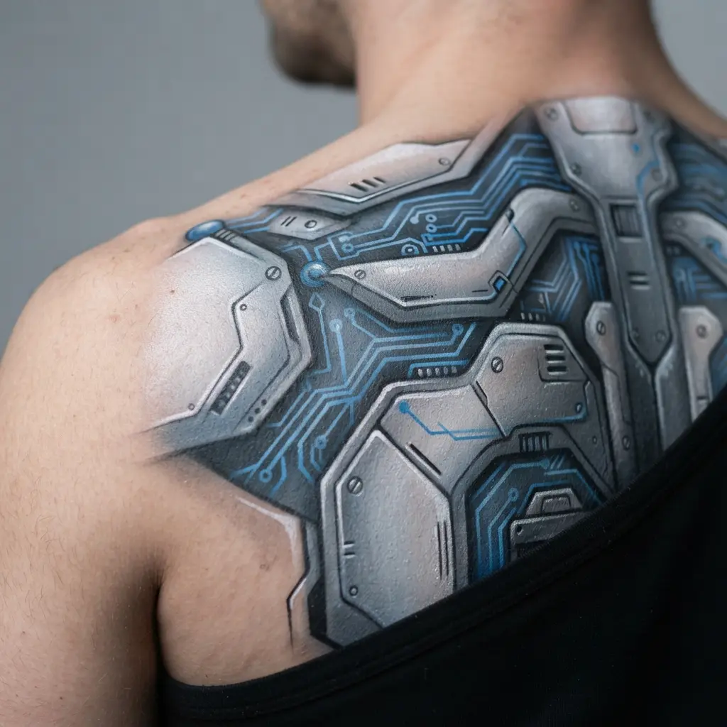 Silver panels and blue circuit lines cover a back in a mechanical body painting art design.