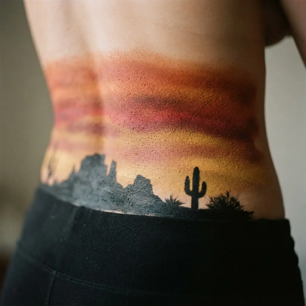 Orange sunset bands, desert plants, and dark mountain silhouettes appear across a painted torso.
