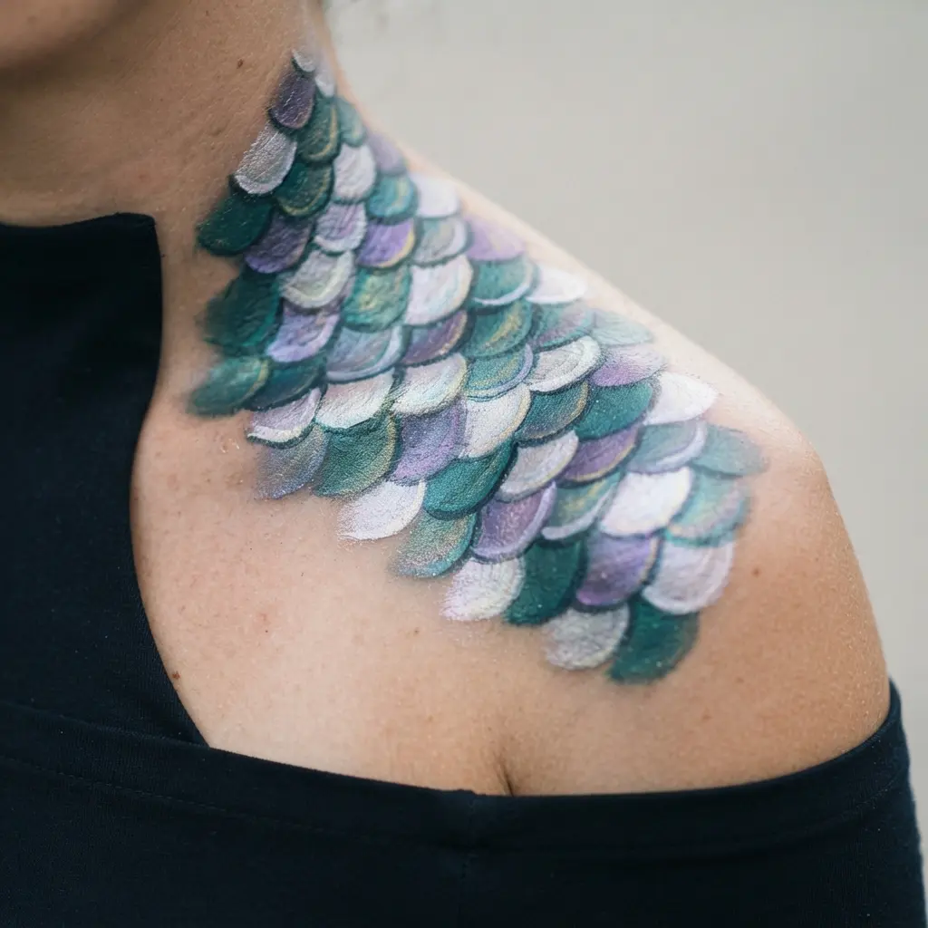 Iridescent teal, violet, and pearl scales extend from the neck across one shoulder in body painting art.