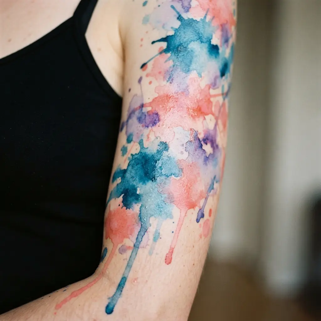 Loose blue, coral, yellow, and violet watercolor-style splashes cover a full painted arm sleeve.